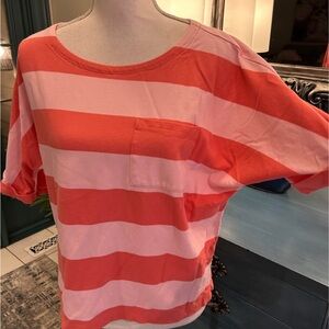 T by Talbots Wide/Boxy Tee Pink/Coral Stripe Patch/Pocket Sm fits Med Stretchy